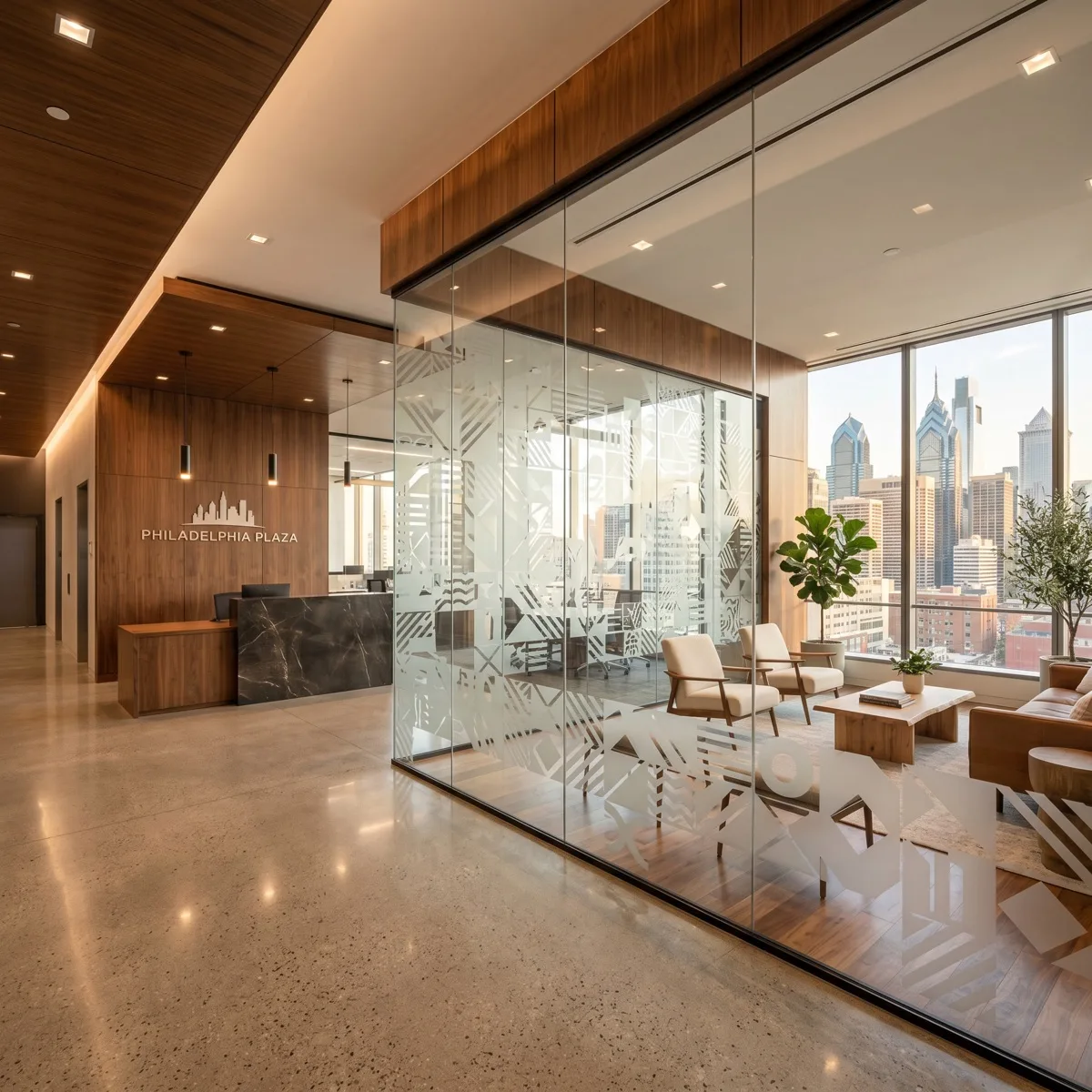 Decorative privacy window film pattern on Philadelphia office lobby glass partition