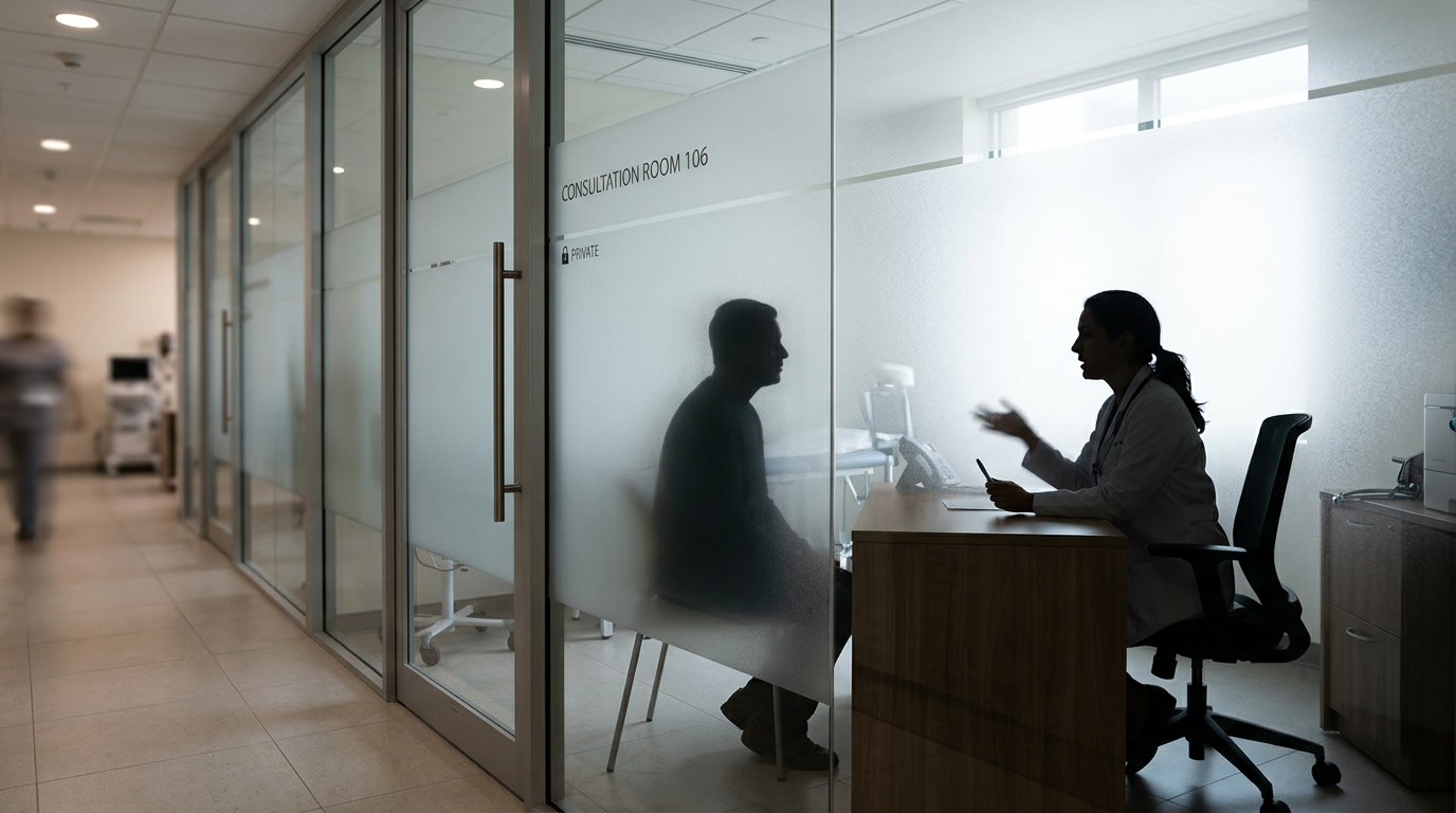 Medical consultation area with frosted privacy window film and natural light