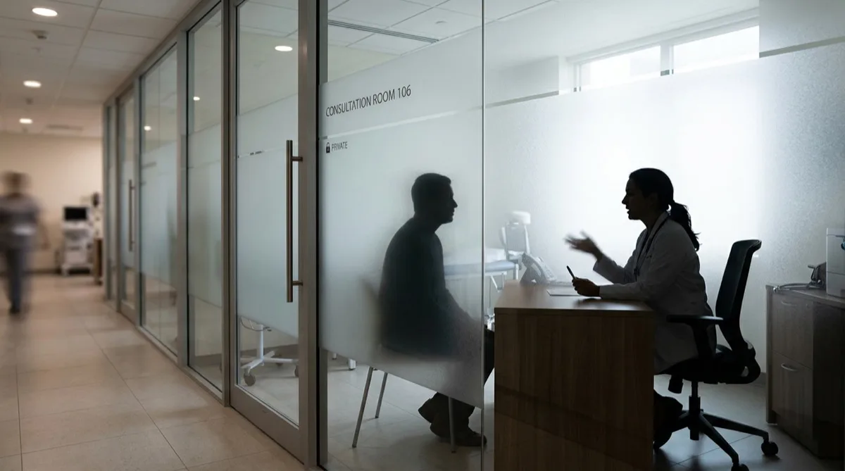 Medical consultation area with frosted privacy window film and natural light