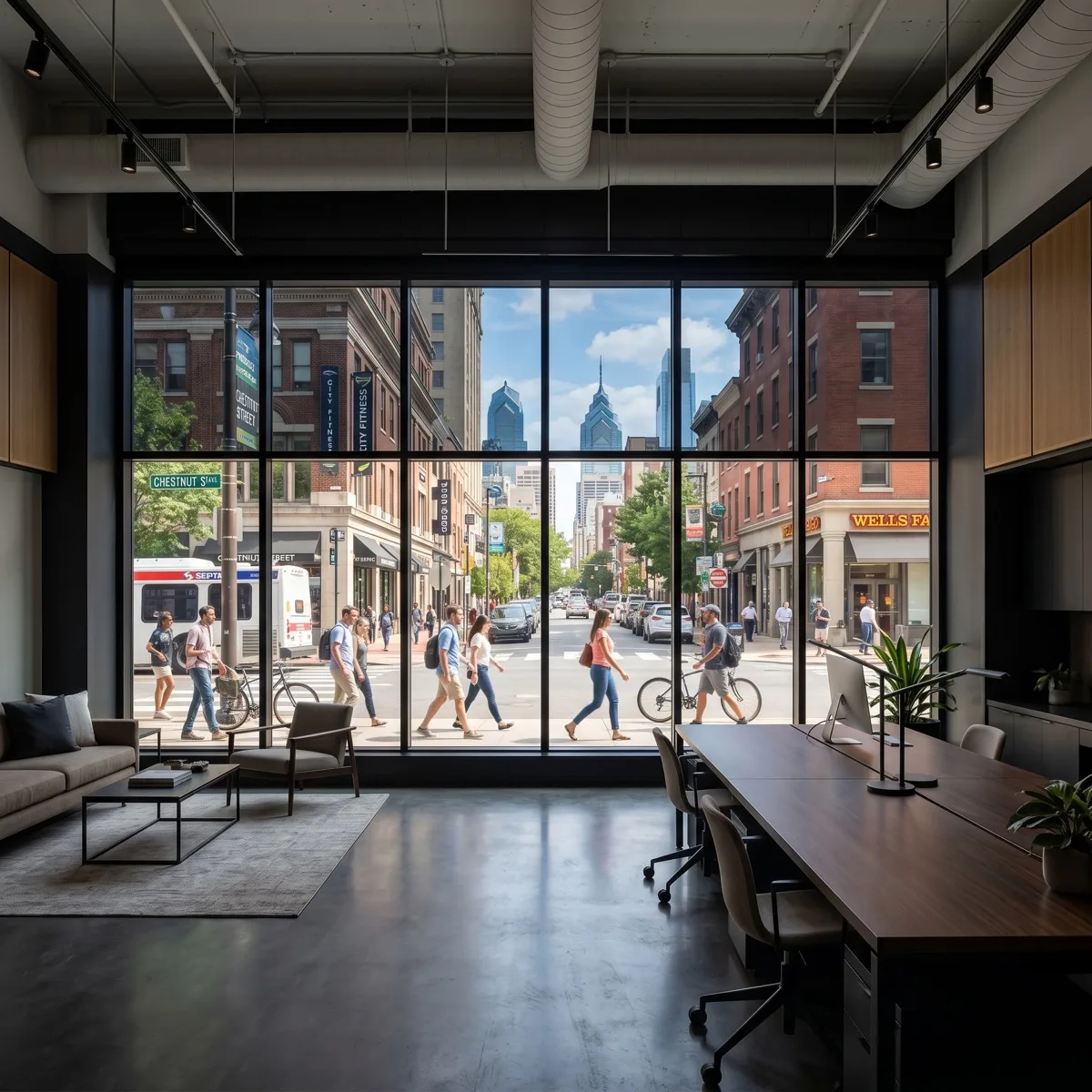 One-way mirror privacy window film on Philadelphia street-facing office