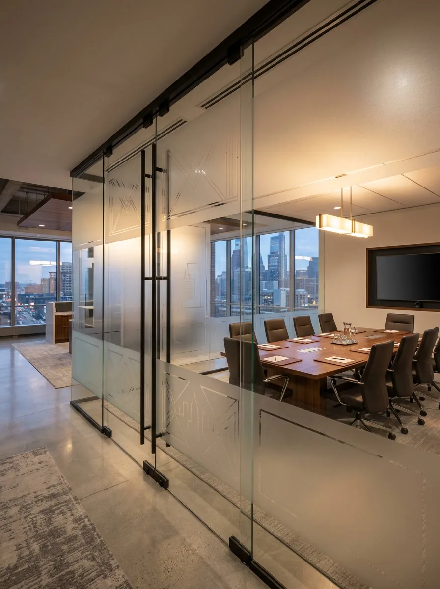 Frosted privacy window film on conference room glass walls in a Philadelphia law office