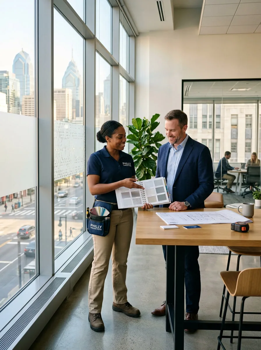 Window Film Philadelphia consultant showing privacy film samples to a Philadelphia business owner