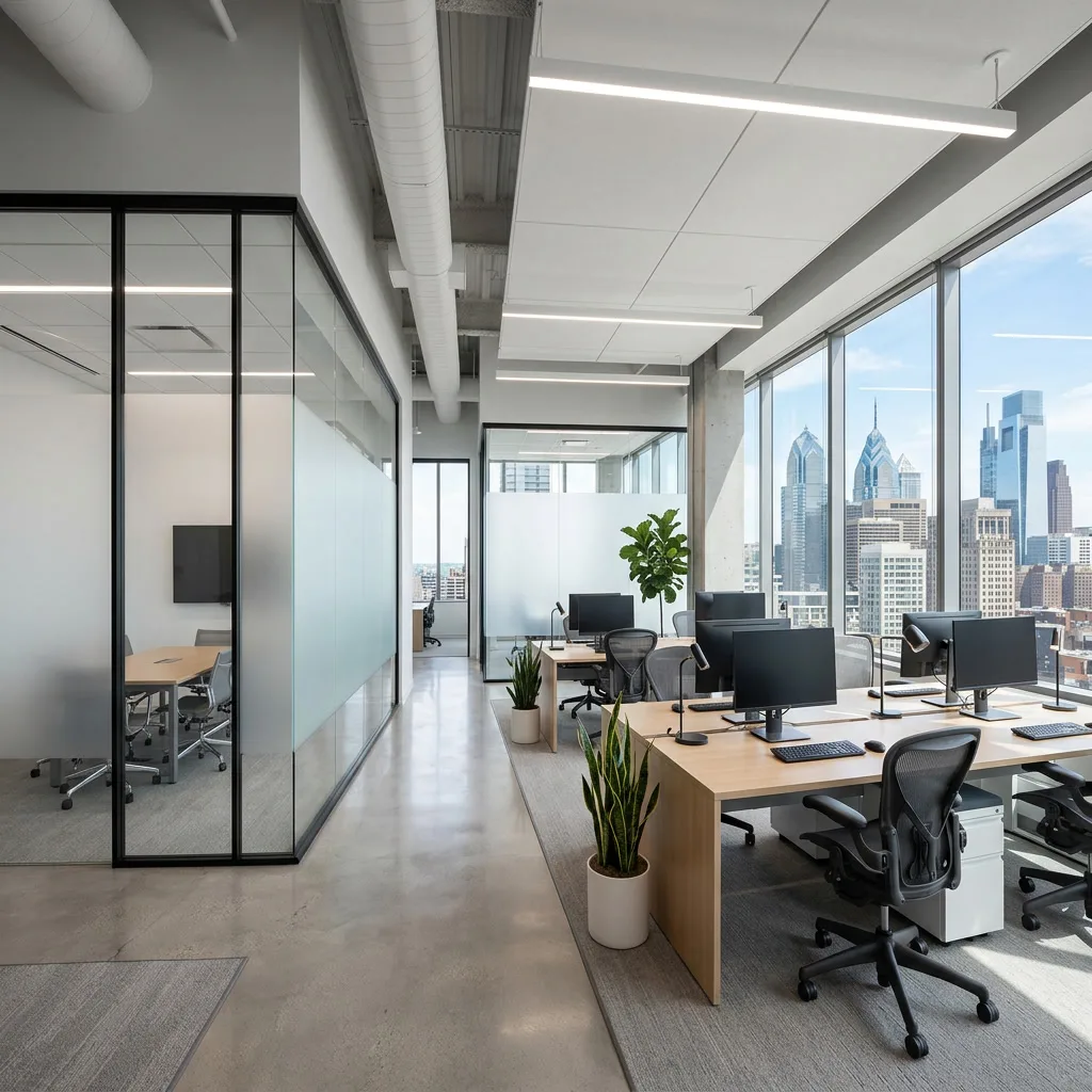Frosted privacy window film on glass partitions in a Philadelphia open-plan office