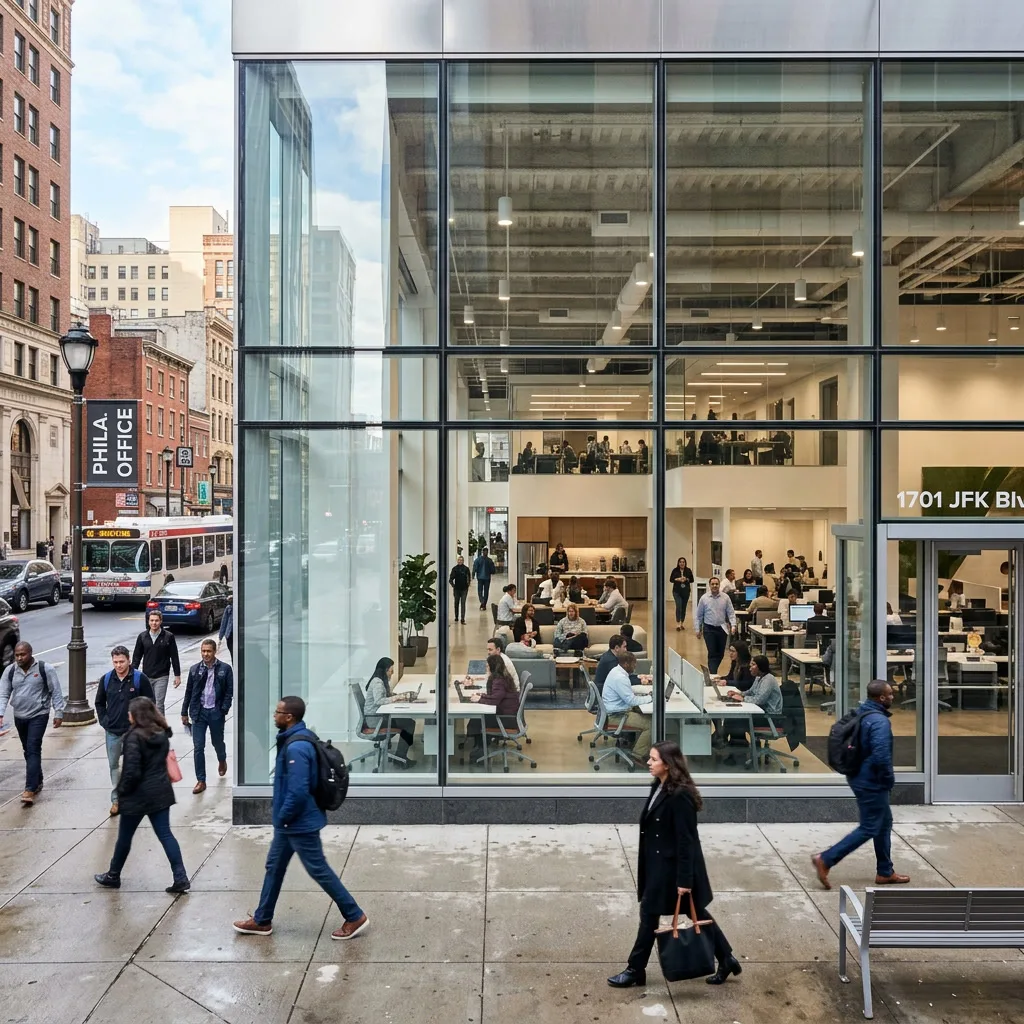 Philadelphia office building with floor-to-ceiling windows fully visible from the street - showing the need for privacy window film