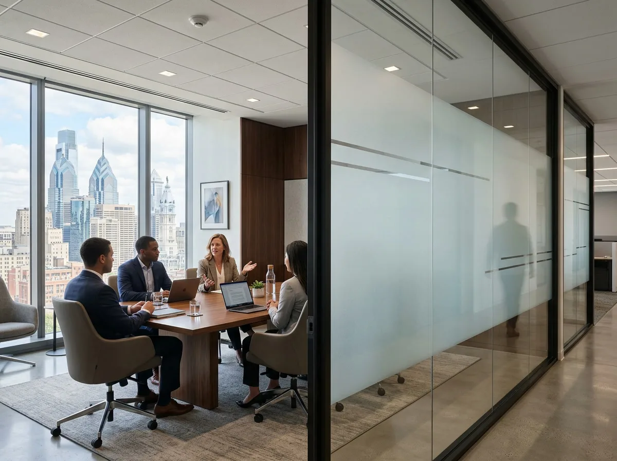Philadelphia office conference room with frosted glass partition, soft diffused natural light, professional private interior