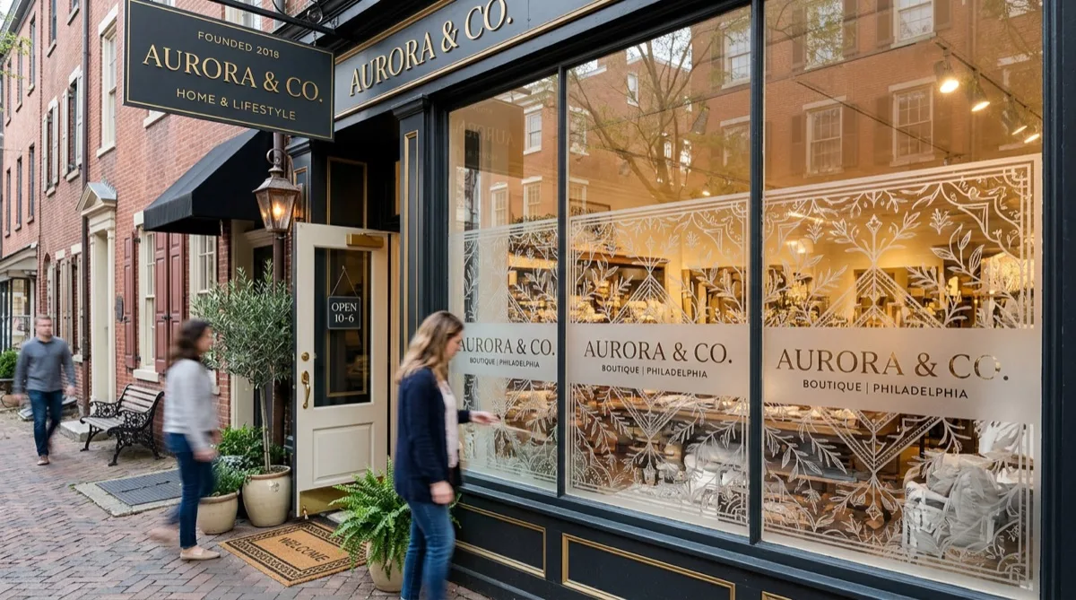 Decorative branded window film on Philadelphia retail storefront glass