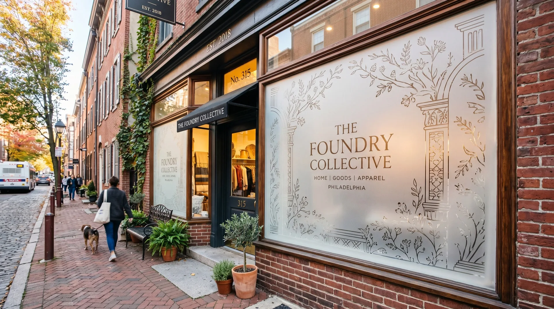 Decorative branded window film on Philadelphia retail storefront