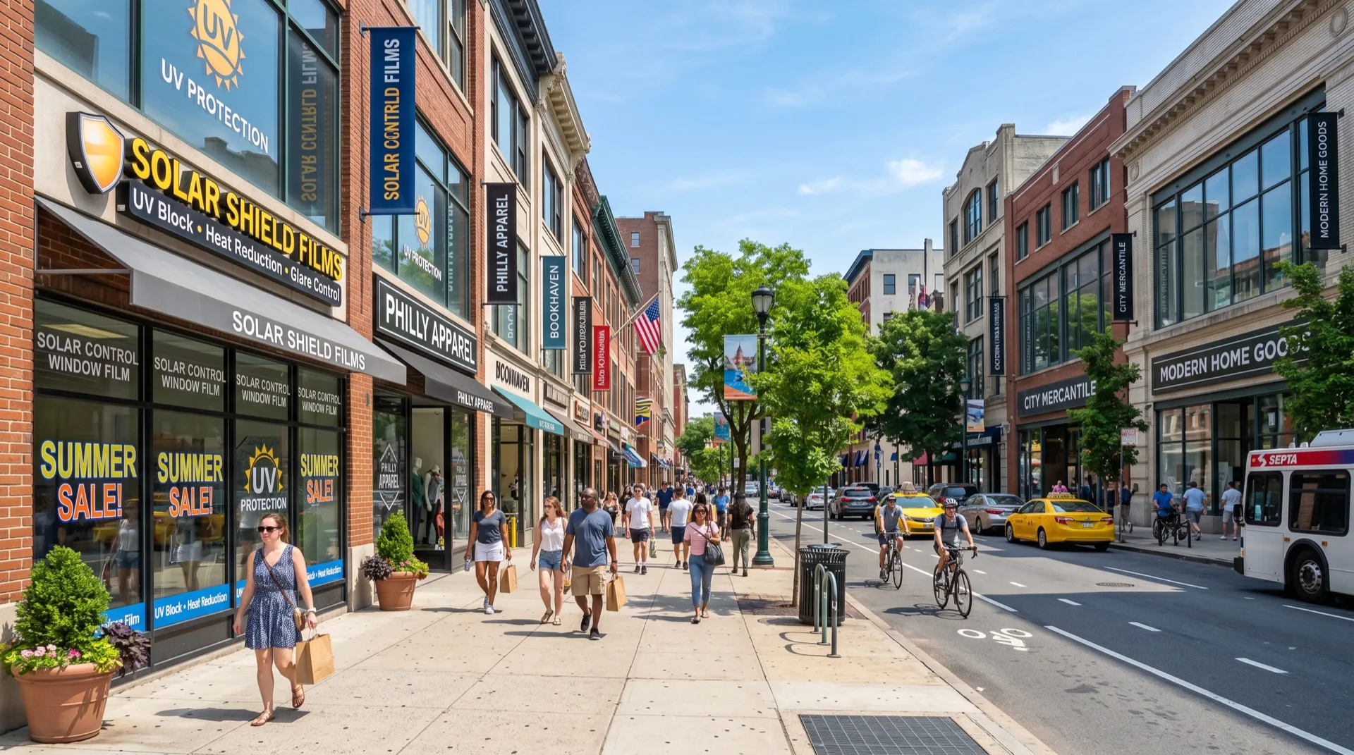 Solar control window film on Philadelphia retail storefront