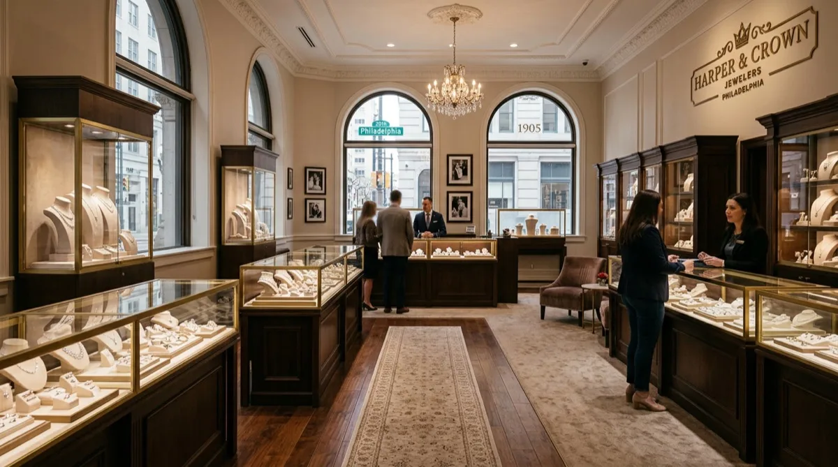 Upscale jewelry store interior Philadelphia with security window film on display cases