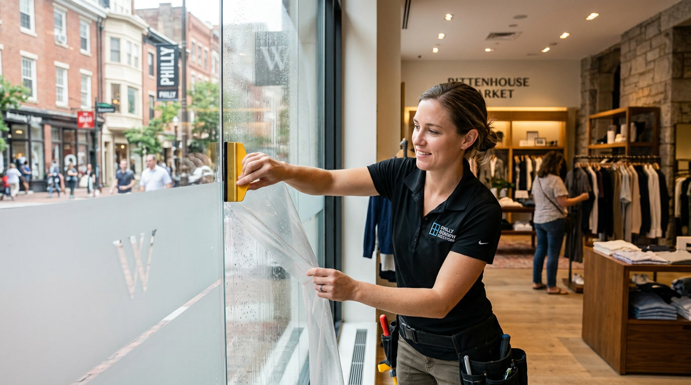 Retail window film being applied to a Philadelphia storefront glass