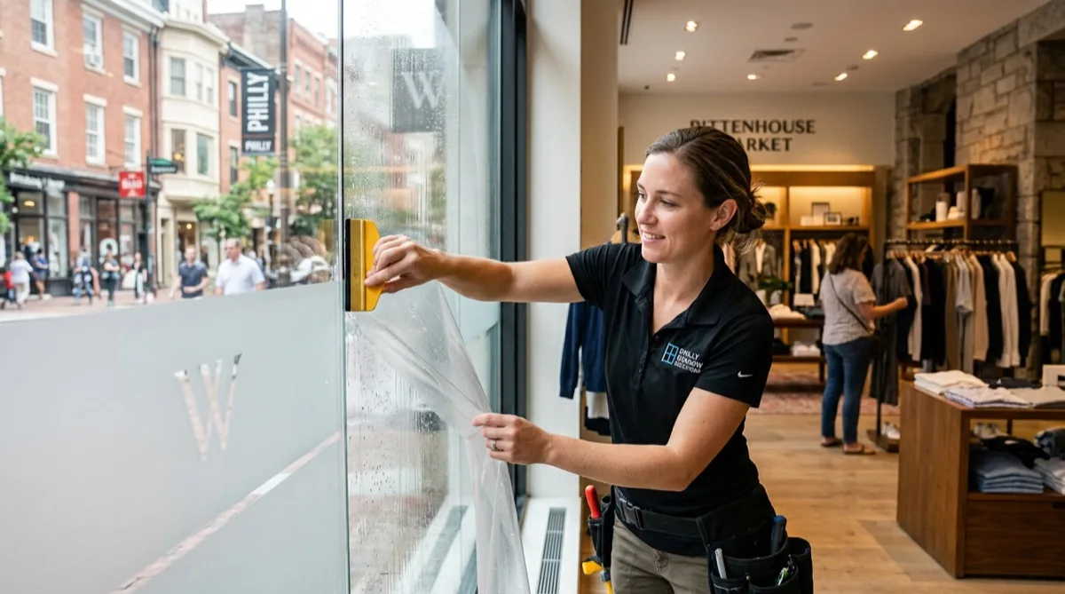 Retail window film being applied to a Philadelphia storefront glass