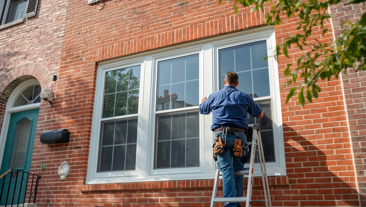 Window film installation on a brick rowhome in Reading PA, solar control film applied to reduce energy costs