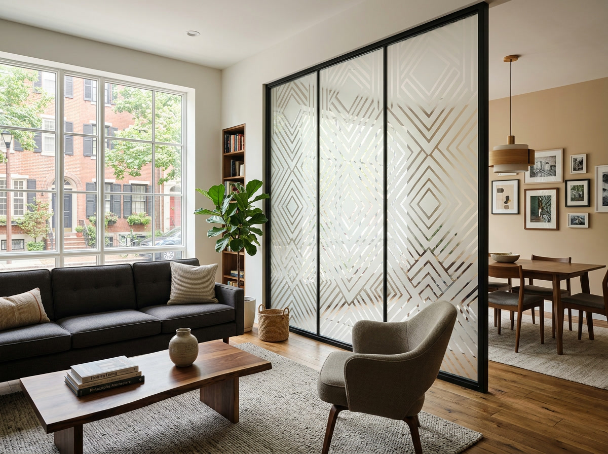Decorative window film on a Philadelphia home glass partition