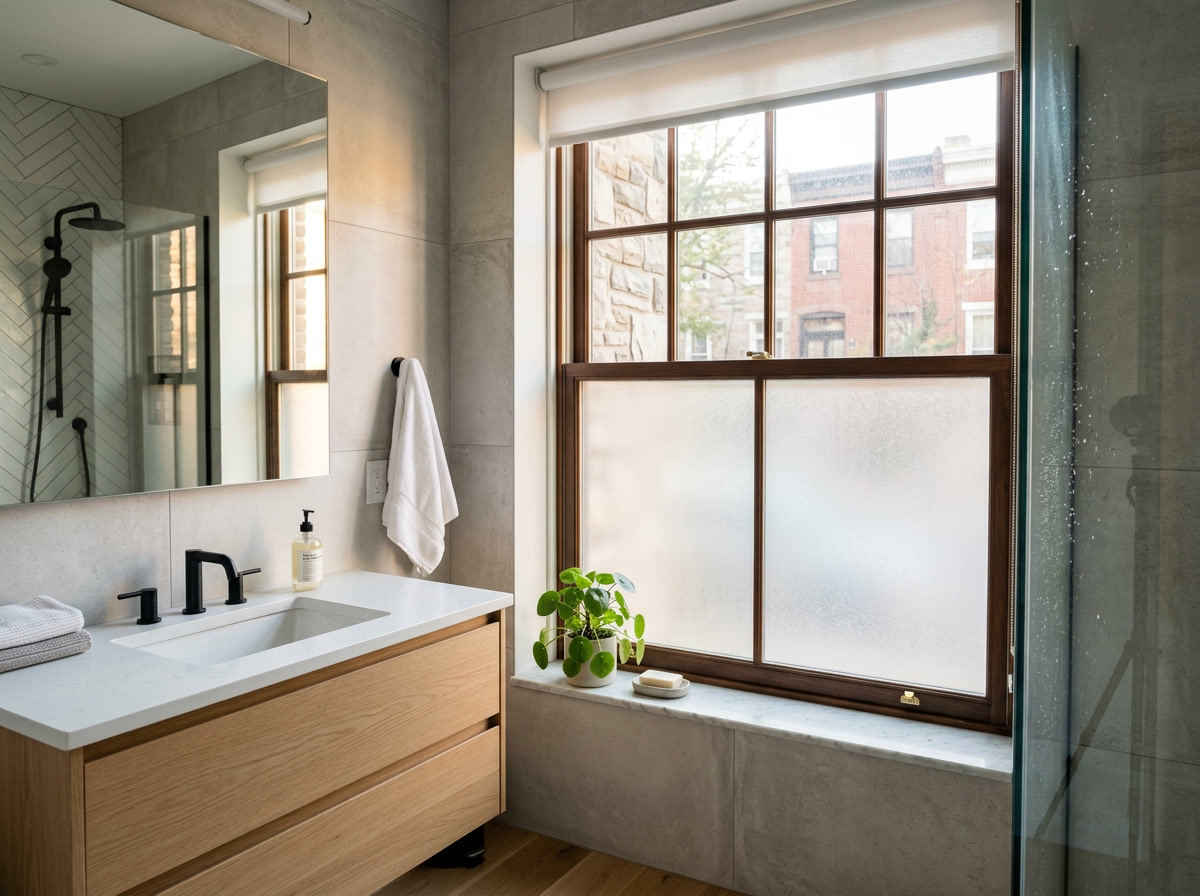 Privacy window film on a Philadelphia bathroom window