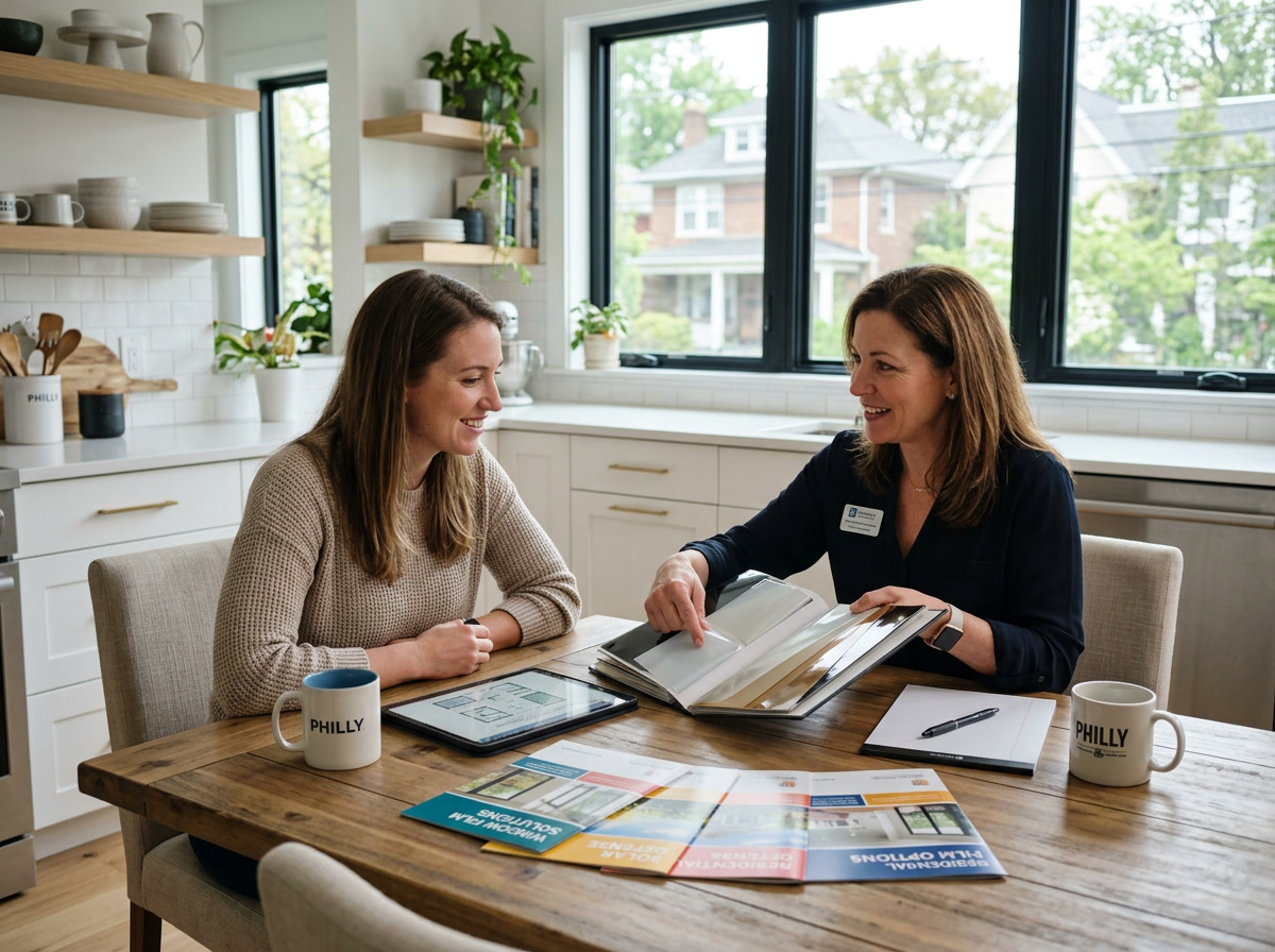 Window film consultant discussing film samples with a Philadelphia homeowner