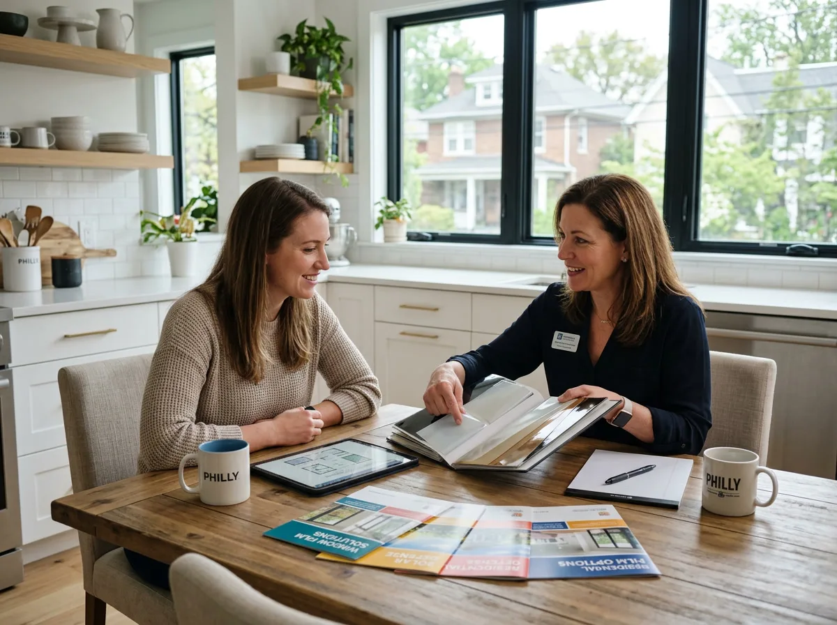 Window film consultant discussing film samples with a Philadelphia homeowner