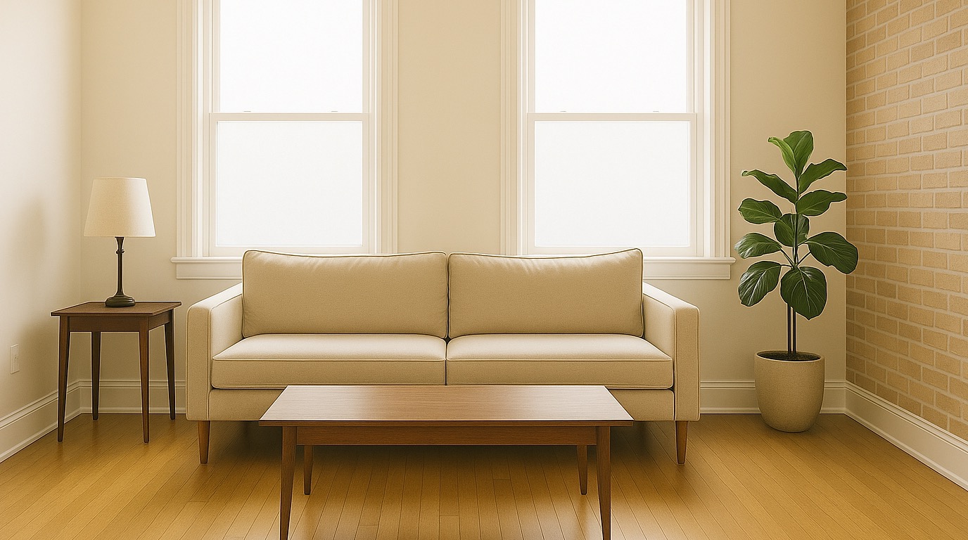 Same Philadelphia living room after window film installation — soft even light, no glare, comfortable atmosphere