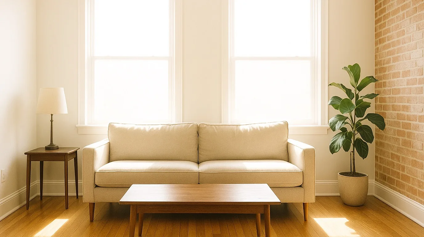 Philadelphia living room without window film — harsh glare and overexposed windows