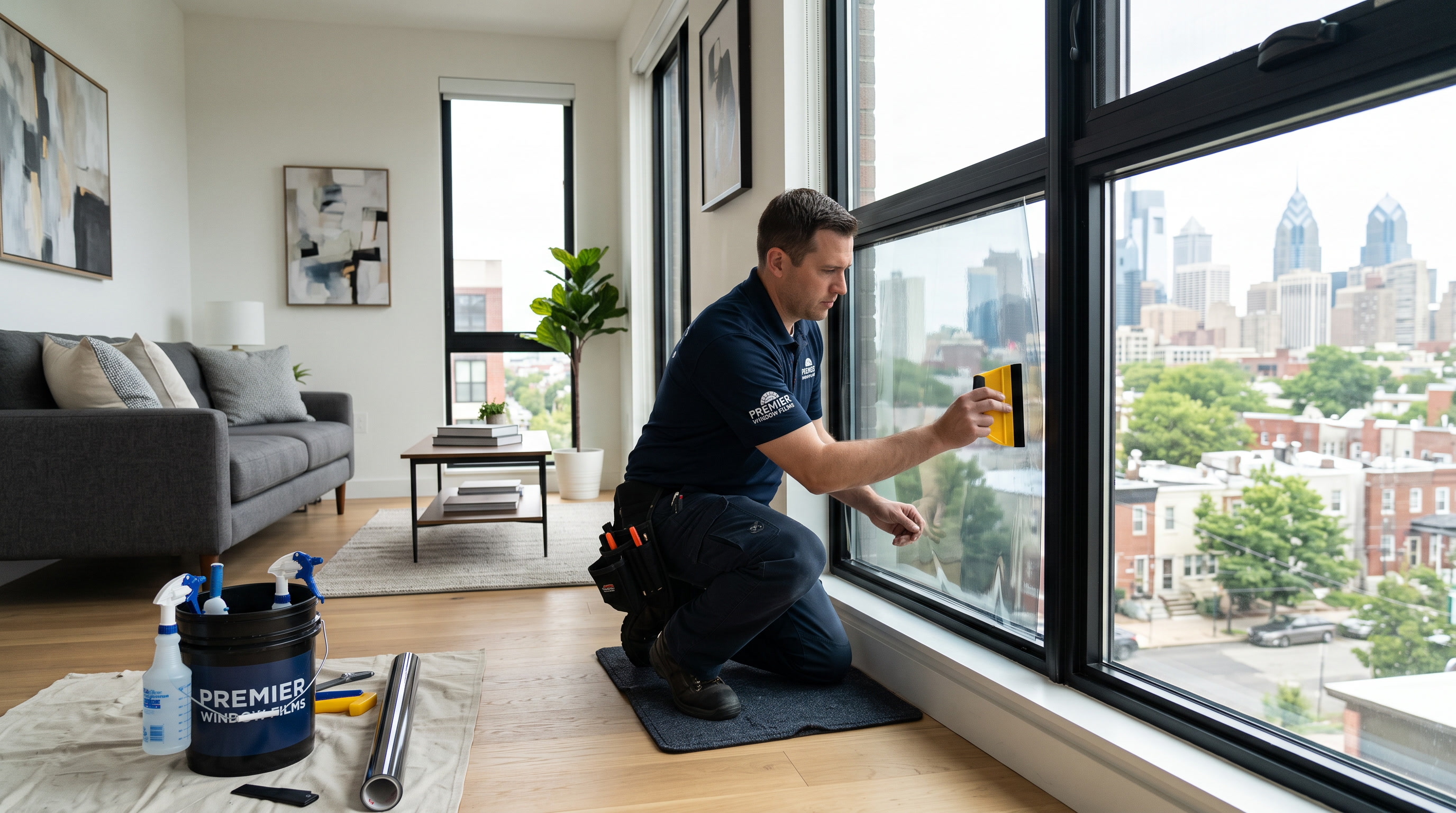 Professional installer applying window film with precision tools