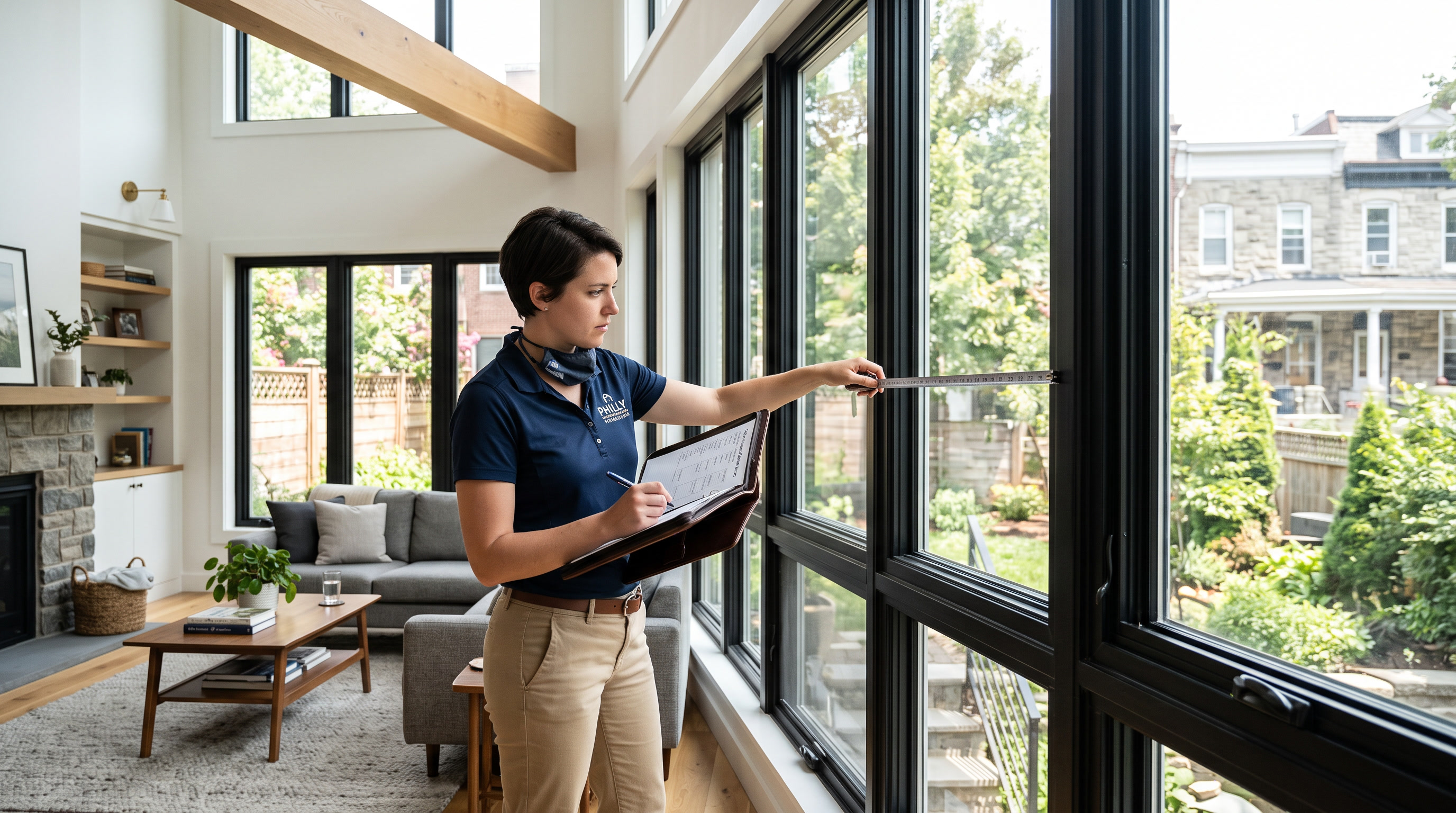Window film consultant measuring windows in a Philadelphia home