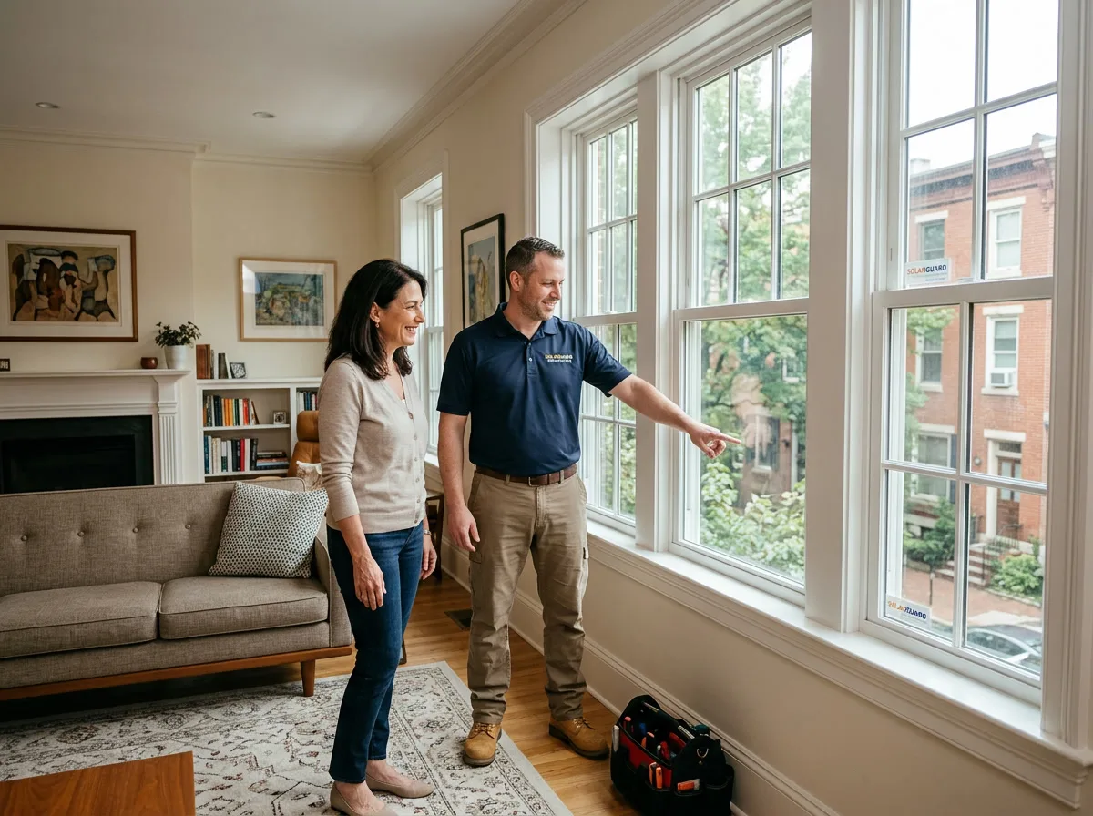 Installer and homeowner doing final walkthrough of completed window film installation
