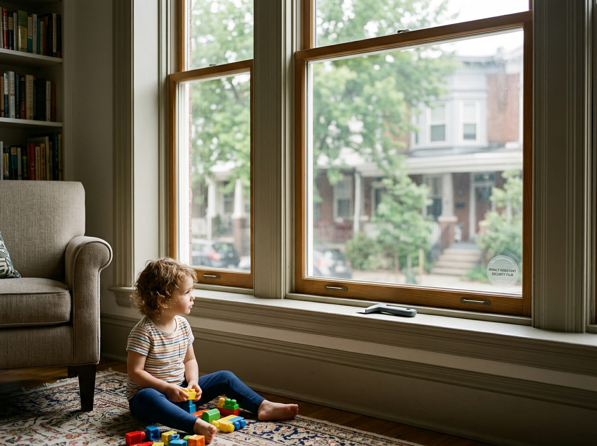 Safety and security window film on a Philadelphia home window