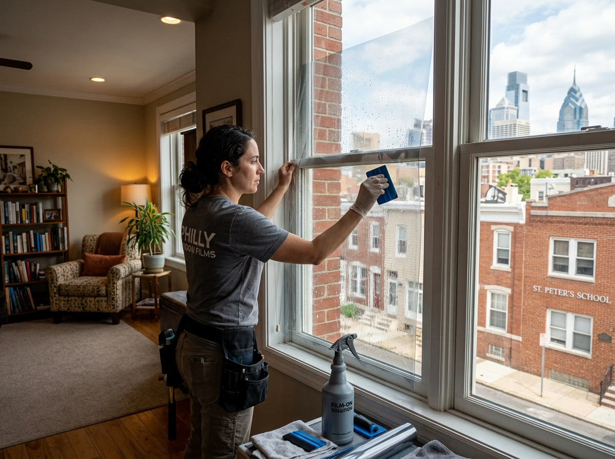 Installer positioning window film onto residential glass