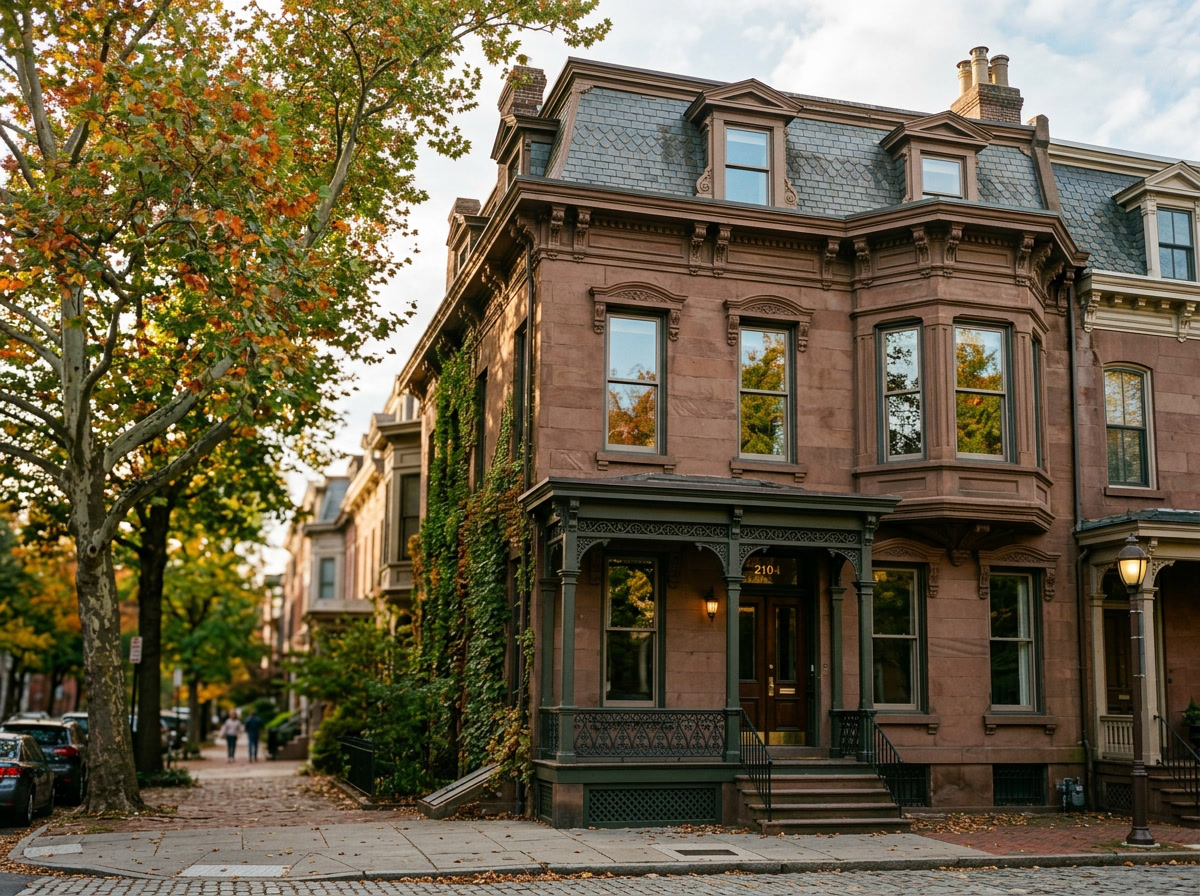 Single historic Philadelphia brownstone with UV protection window film