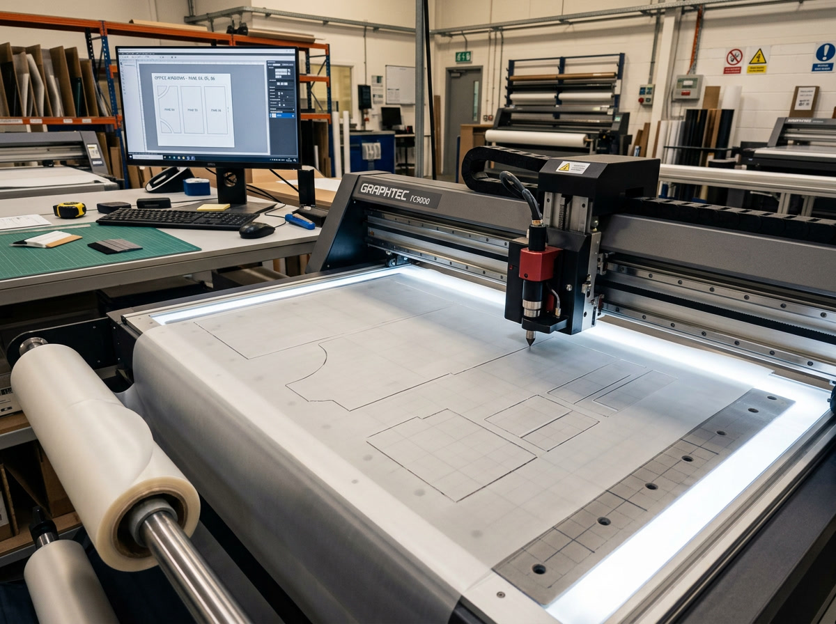 Precision plotter cutting window film to exact dimensions in workshop