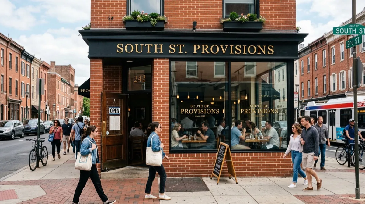 Pristine Philadelphia restaurant storefront windows on a busy pedestrian corridor — anti-graffiti film protecting street-level glass from tagging and vandalism