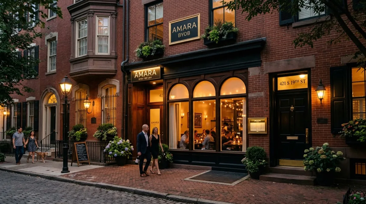 Upscale restaurant facade in Rittenhouse Square, Philadelphia at dusk — restaurant window film case study