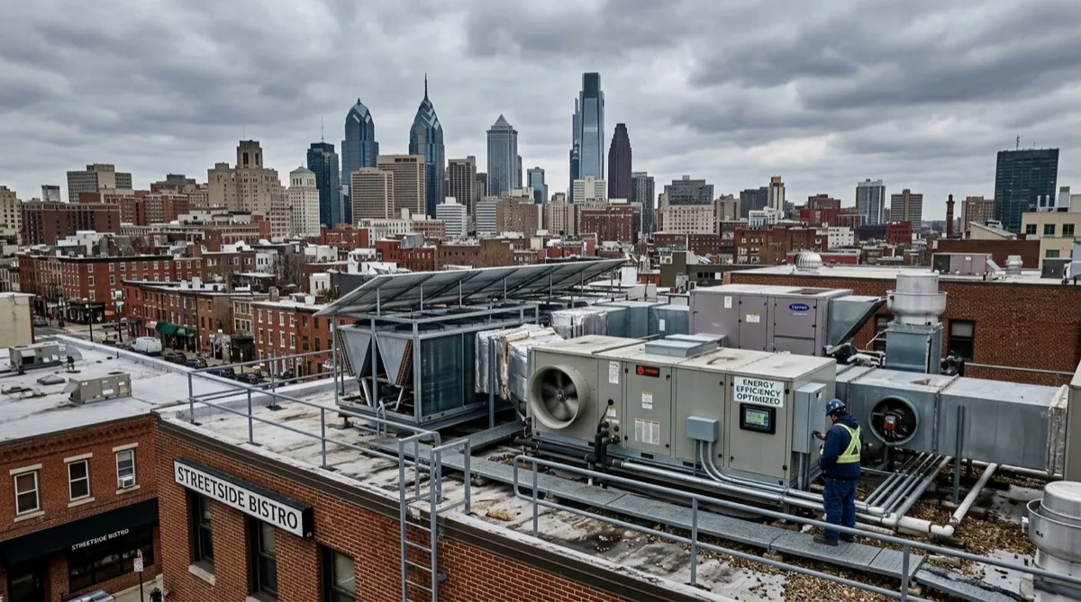 Commercial rooftop HVAC equipment above a Philadelphia restaurant building — window film cuts energy costs