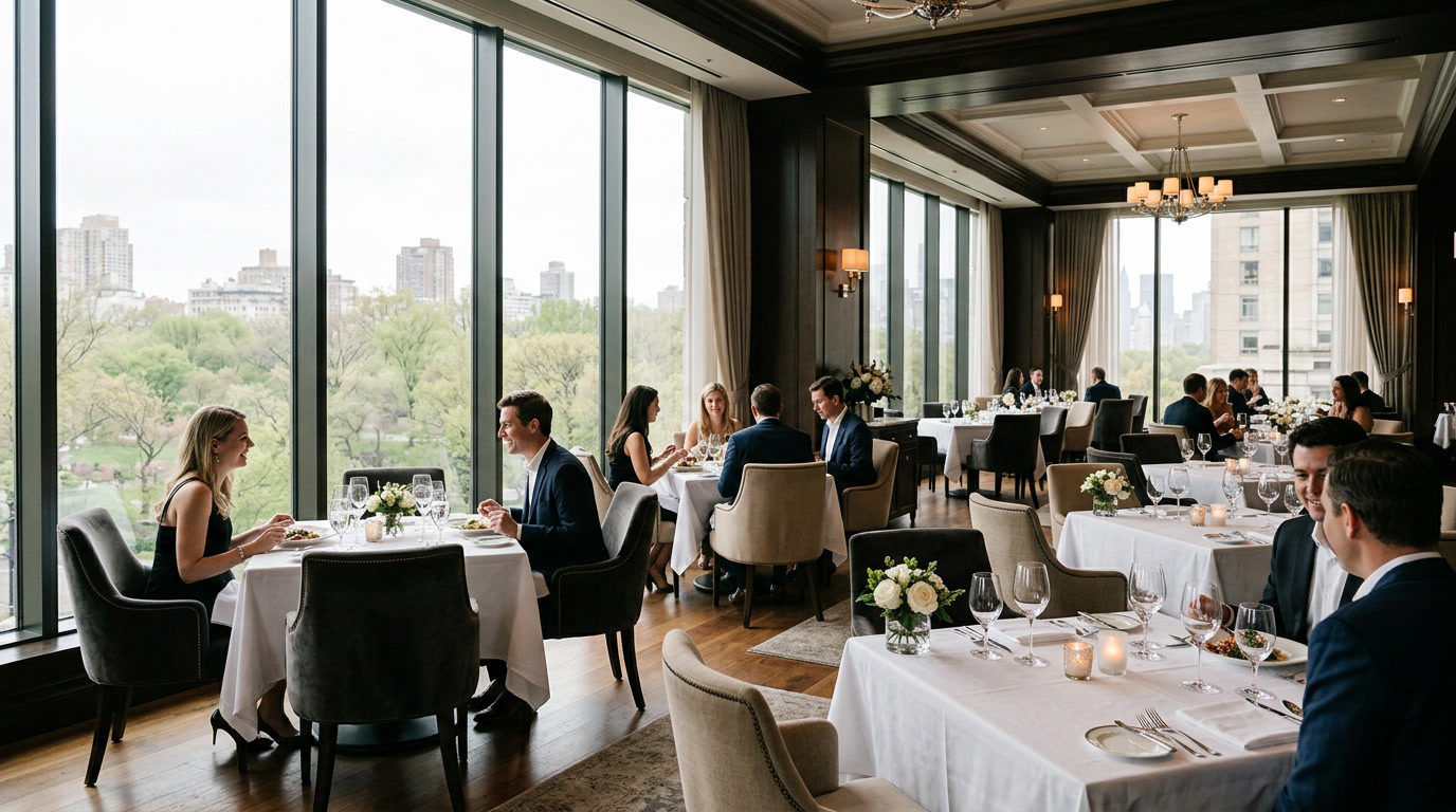 Elegant fine dining room interior with floor-to-ceiling windows, soft filtered natural light, white tablecloths — Philadelphia restaurant window film