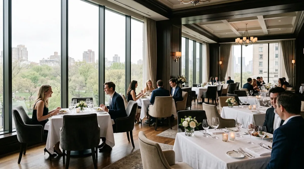 Elegant fine dining room interior with floor-to-ceiling windows, soft filtered natural light, white tablecloths — Philadelphia restaurant window film