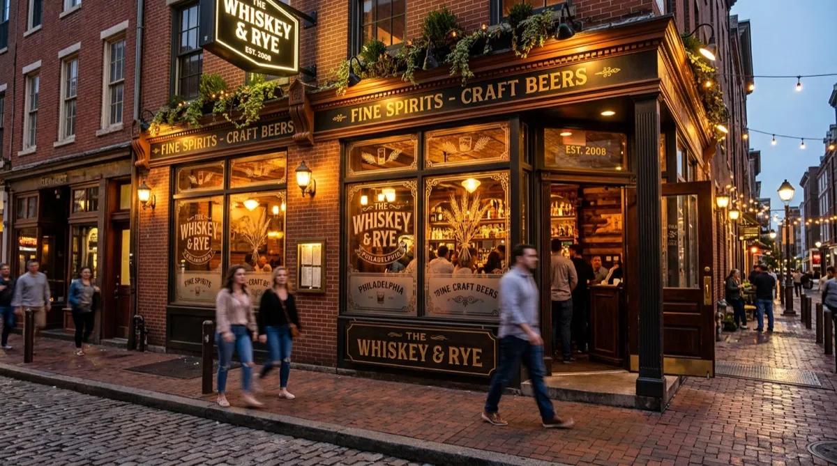 Philadelphia bar with branded decorative window film, street view from outside at evening — restaurant window film