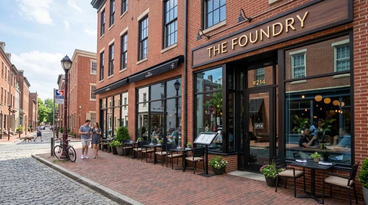 Restaurant exterior with solar control film on large storefront windows, Philadelphia brick streetscape