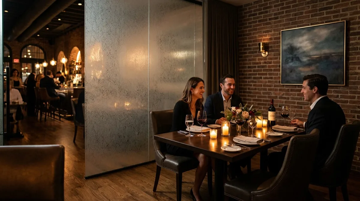 Private dining room with frosted Fasara film partition, intimate table setting, warm lighting — Philadelphia restaurant
