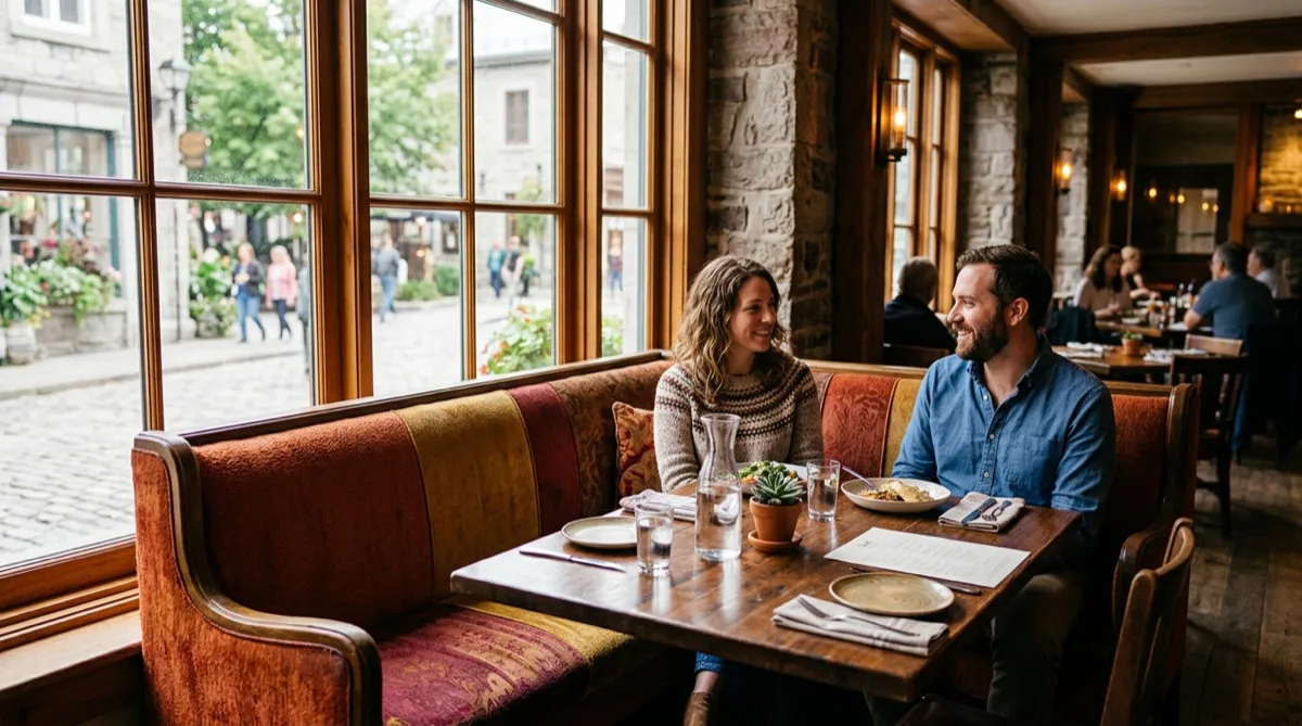 Restaurant booth near window, well-preserved upholstery in warm tones, no UV fading — Philadelphia window film UV protection