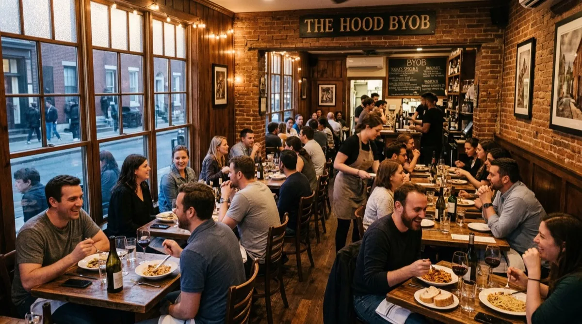 Philadelphia neighborhood BYOB restaurant interior, all tables occupied, comfortable filtered light through treated windows