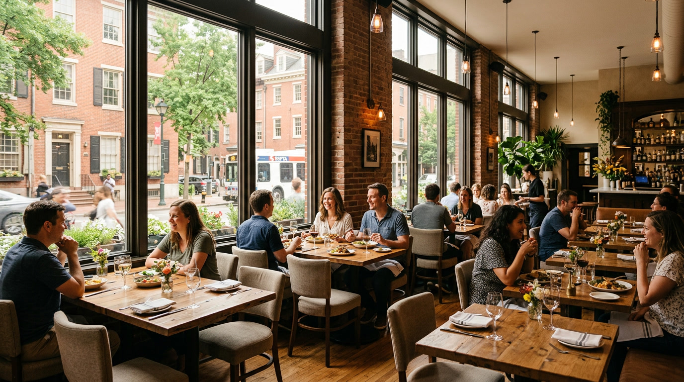 Restaurant dining room with comfortable even light near large windows — no glare thanks to 3M Prestige 70 solar control film Philadelphia