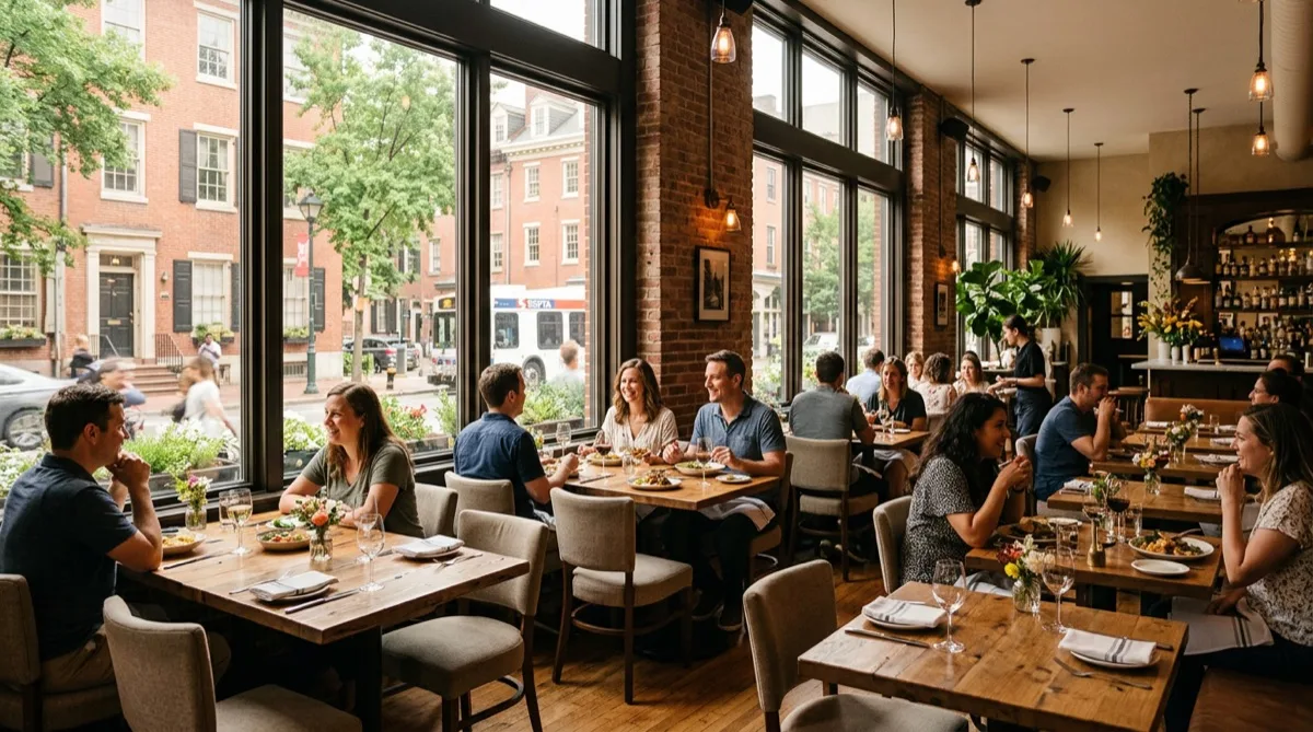 Restaurant dining room with comfortable even light near large windows — no glare thanks to 3M Prestige 70 solar control film Philadelphia