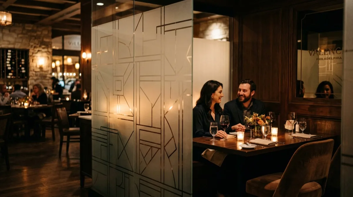 Elegant frosted glass partition in upscale Philadelphia restaurant creating intimate dining alcove — 3M Fasara decorative film