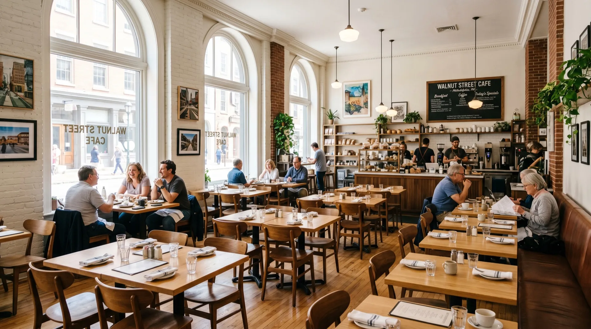 Restaurant interior with soft diffused natural daylight across dining tables — no harsh shadows, bright airy morning atmosphere Philadelphia cafe
