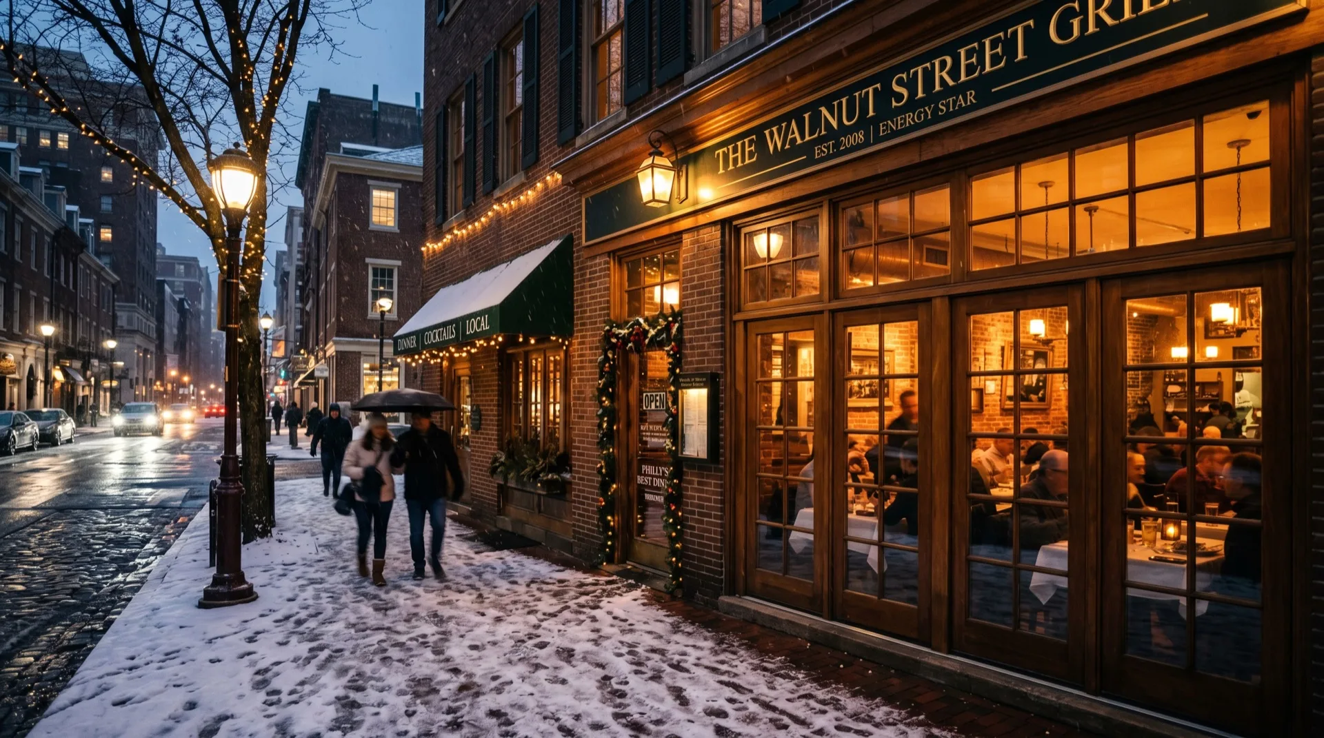 Philadelphia restaurant exterior in winter, warm light glowing from inside dining room through energy-efficient windows
