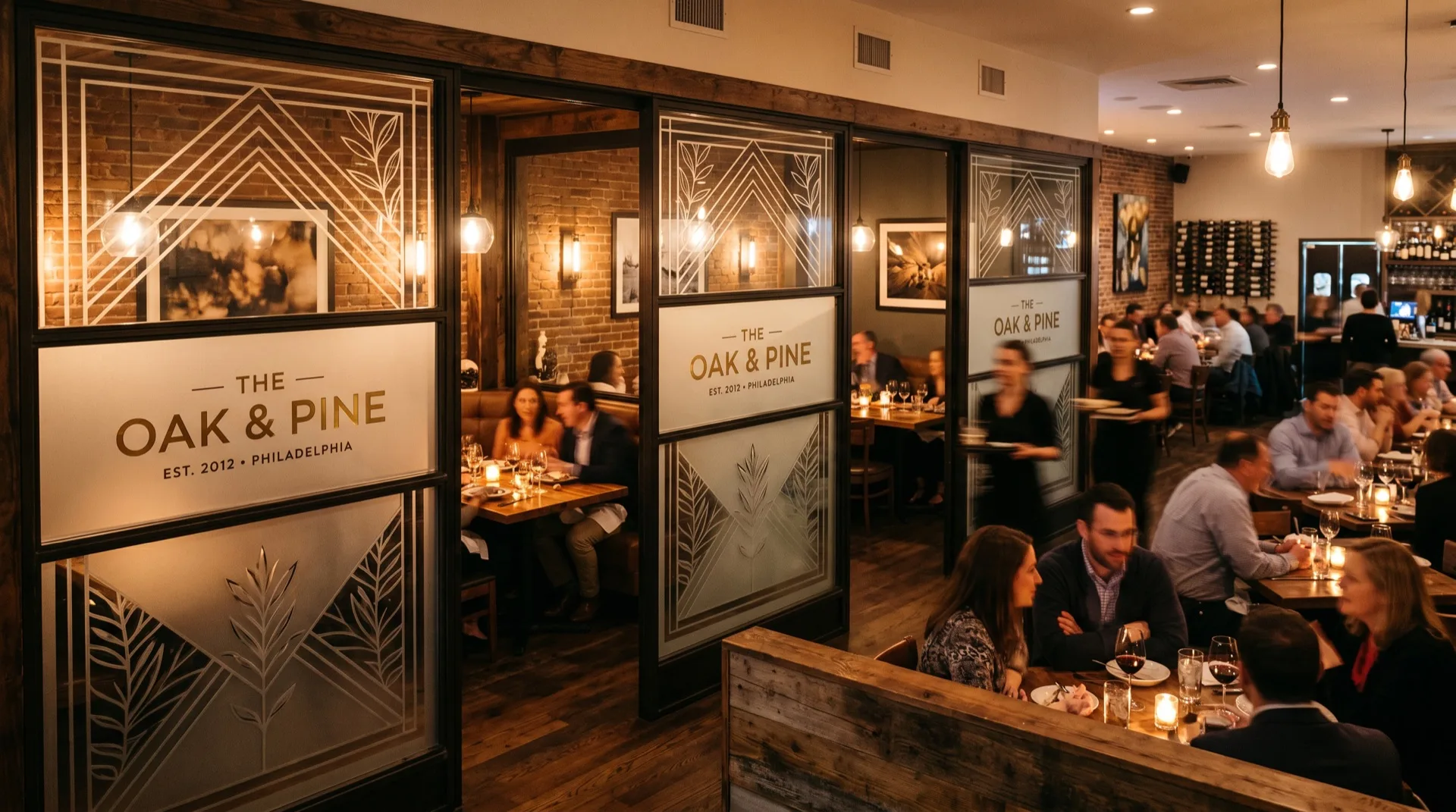 Wide Philadelphia restaurant scene with frosted decorative film on glass partitions and branded panels