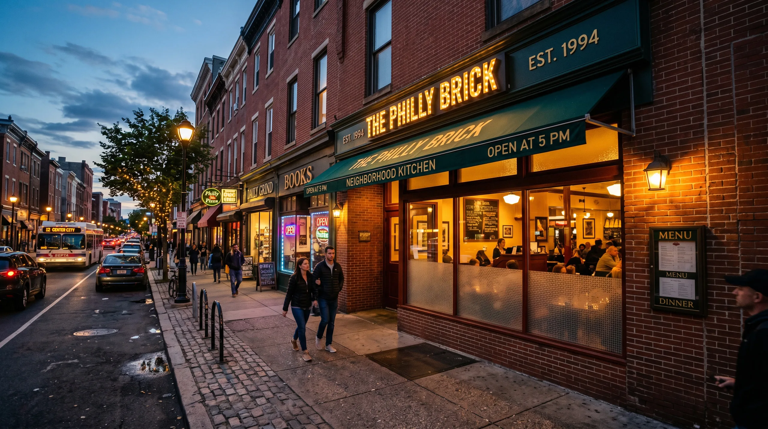Restaurant storefront exterior at dusk, Philadelphia brick building, security film on windows