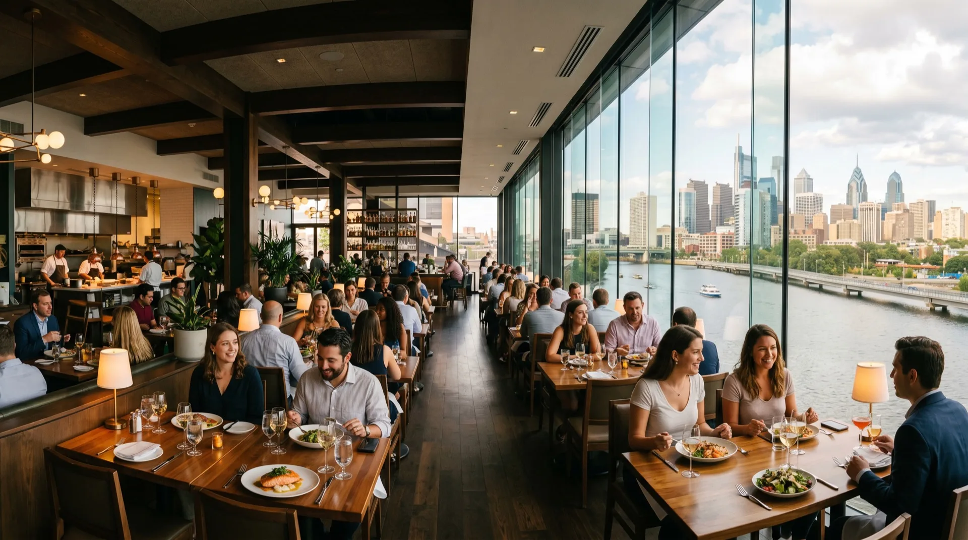 Panoramic Philadelphia restaurant interior with warm filtered sunlight through solar control window film
