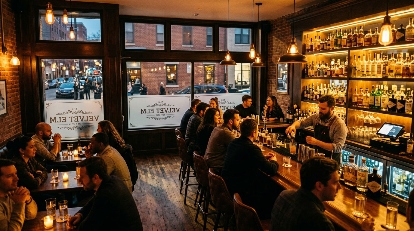Trendy Philadelphia cocktail bar with frosted lower panels on street-level windows — decorative restaurant window film