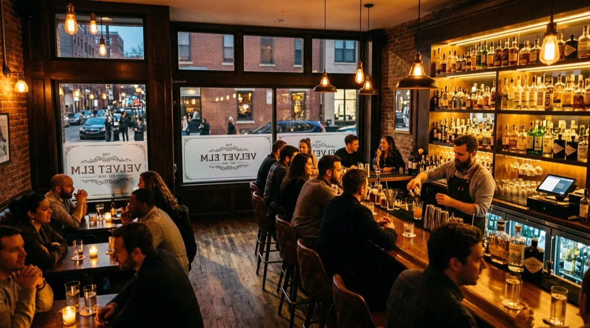 Trendy Philadelphia cocktail bar with frosted lower panels on street-level windows — decorative restaurant window film