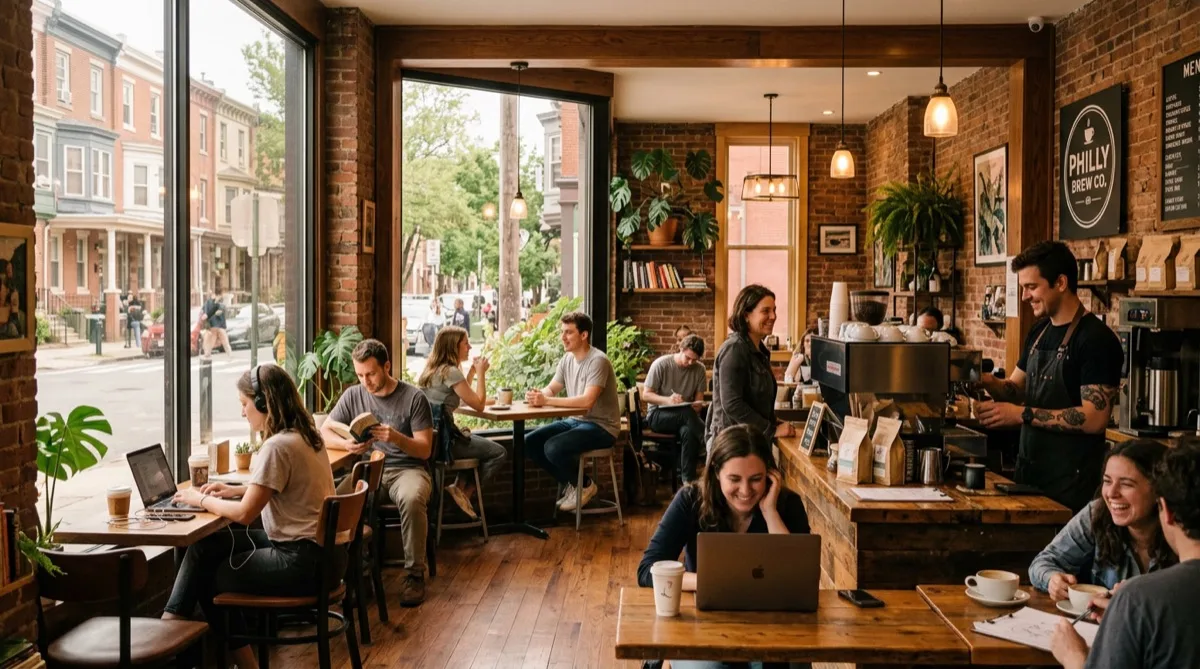 Philadelphia coffee shop with large windows and natural filtered light — restaurant window film for cafes